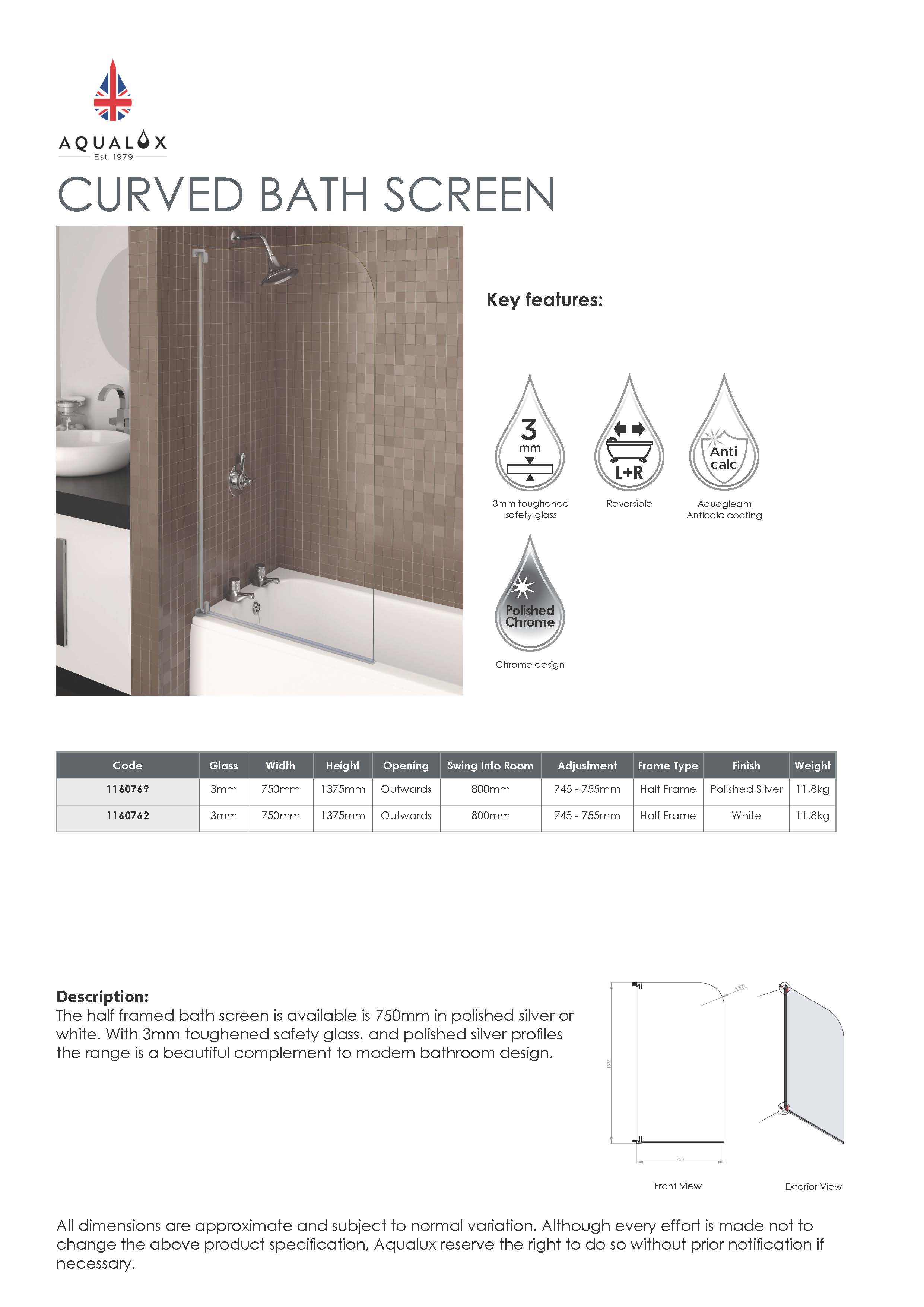 Aqualux AQUA 3 Half Frame Radius Bath Screen 750mm x 1375mm x 3mm